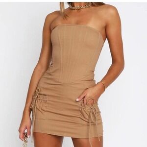 White Fox Women Strapless Tan Mini Corset Dress Side‎ Pockets Large NWT